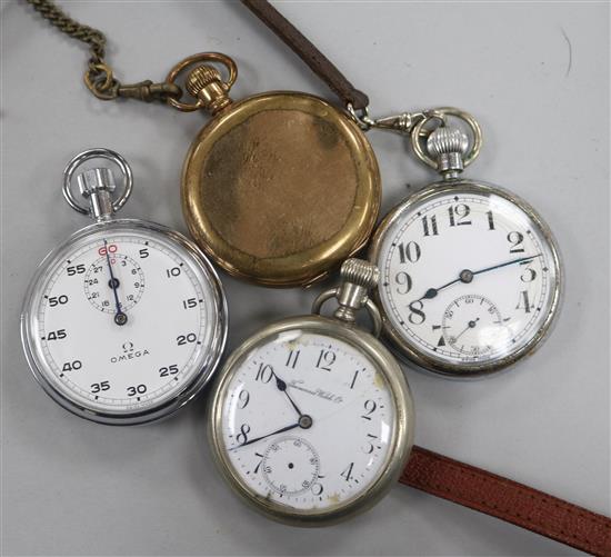 An Omega stopwatch and three other assorted pocket watches.